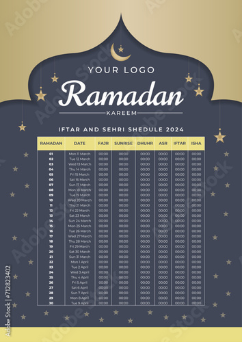Ramadan Kareem calendar Planner 2024. Ramadan Prayer Timing Calendar 2024. Iftar and Prayer timetable.