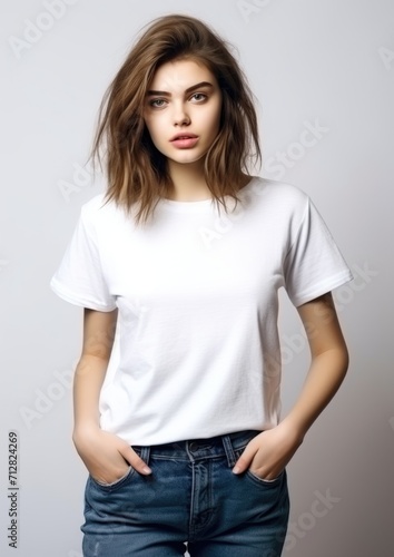 Young woman in white t-shirt and jeans