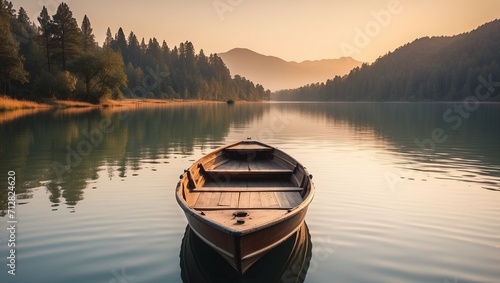 boat on the lake, sunset, vanishing point