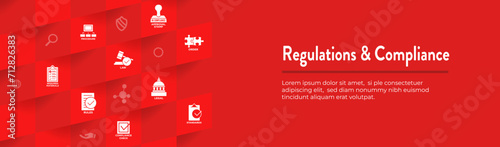 Regulations and Compliance Web Header Banner with Icon Set - Governmental and Approval Stamp