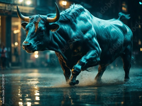 Bull running on a wet road at night. Motion blur effect on water