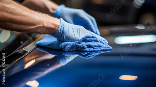 hand of a man in a blue glove cleaning a car with a microfiber cloth, washing and polishing the surface of the car
