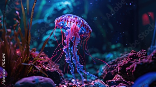 A glowing jellyfish tank with fluorescent tentacles that seem to dance in the darkness
