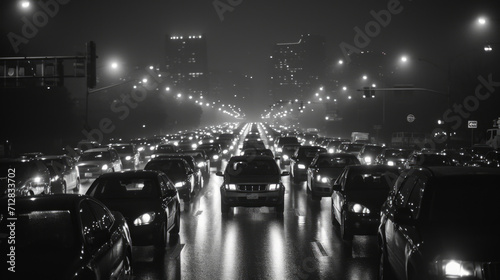 Heavy traffic of cars at night. People returning home and traffic jams.