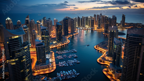 beautiful scene of Dubai with general view of Dubai marina at twilight from the top