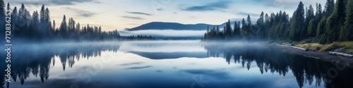 A tranquil lakeside panorama at dawn, where the mirrored lake reflects a serene mountainous backdrop