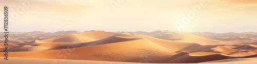 A surreal desert landscape captured in panoramic view, featuring dunes shaped by the winds and bathed in golden sunlight