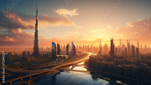 aerial view of Dubai city in sunset light