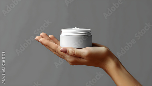 Female hand holding jar of cosmetic cream on pastel background.