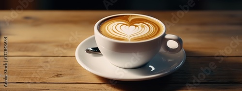 Close-up of a cup of cappuccino on a wooden tabletop (extra wide ratio), a cup of cappuccino with beautiful latte art, cafe background, coffee beans advertising, cafe menu