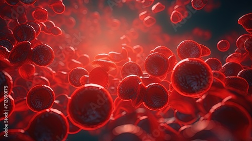 Vivid close-up rendering of red blood cells in a blood vessel with a focus on the texture and cellular structure, highlighting medical and biological themes.