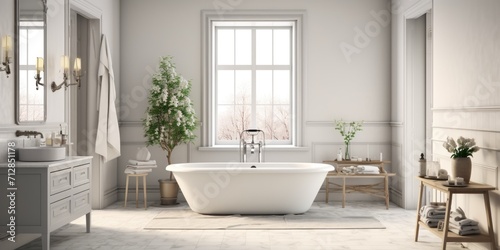 Scandinavian bathroom with vintage white interior design, shown in .