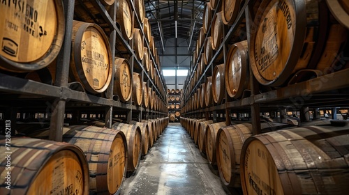 Whiskey barrels, bourbon barrels, scotch barrels and wine barrels in an aging facility.