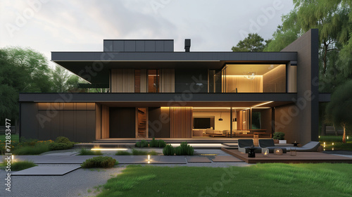 Modern luxury minimalist cubic house, villa with wooden cladding and black panel walls and landscaping design front yard. Residential architecture exterior