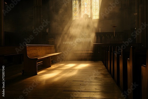 An empty church interior bathed in sunlight streaming through stained-glass windows