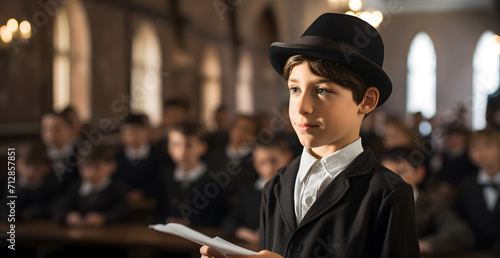 A Jewish 13 year old boy talking while delivering a talk and holding a book