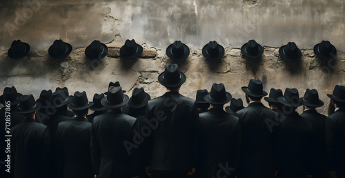 Jewish men praying and praying at mosque and wailing wall wearing traditional Jewish clothing