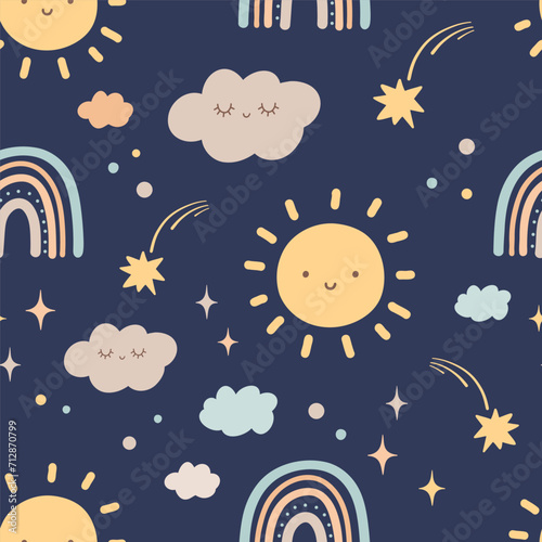 Bohemian baby pattern on dark blue background. Seamless pattern in boho style with smiling cloud, sun and rainbow for textiles or fabric for newborns