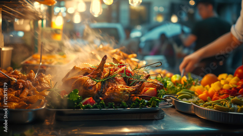 A street food serves up aromatic roasted quails, garnished with fresh herbs, amidst a bustling atmosphere and a feast of colorful fresh vegetables, capturing the essence of vibrant outdoor dining.