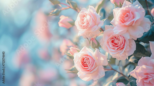 Roses on soft, dreamy background copy space. Spring summer banner