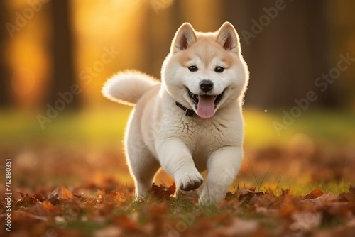 A cute baby Akita dog having fun at the park. Generative AI