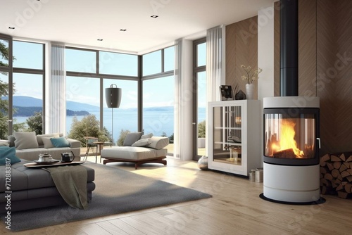 Panoramic 3D living room with pellet stove 6. Generative AI