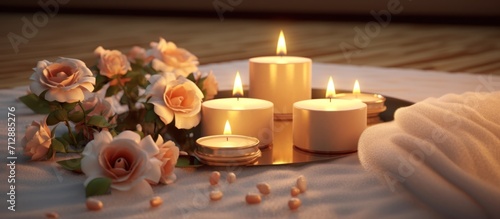 candles and jasmine flowers. concept for spa