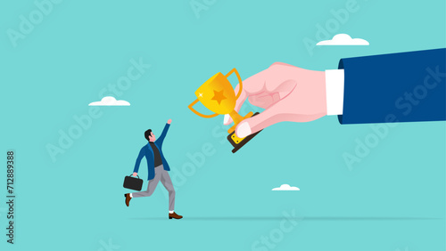 office worker achieve trophy from businessman hand vector illustration, business success, career achievement concept, celebrate work achievement, winning prize or trophy on work illustration