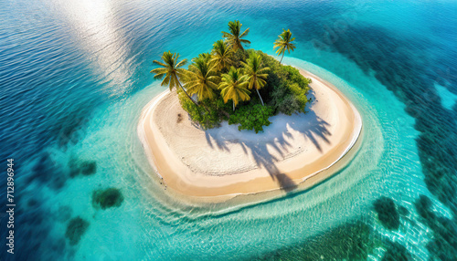 Aerial view of a small tropical island with palm trees and a sandy beach.