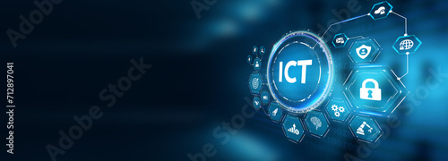 ICT Information communication technology internet concept on virtual screen. 3d illustration