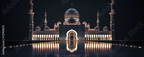 illustration of mosque with reflection on black background. Ramadan Kareem concept