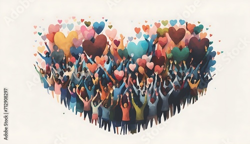 Group of diverse people with arms and hands raised towards hand painted hearts. Charity donation, volunteer work, support, assistance. Multicultural community. People diversity.