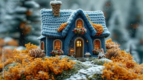 Fairytale house made of wool in the forest. Selective focus