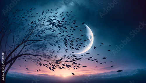 Enchanted Moonlit Night with Swirling Leaves
