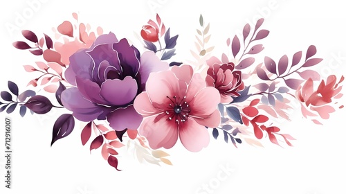illustration Red and purple flowers, leaves clip art watercolor flowers. generative ai
