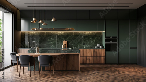 Modern interior design of minimalist wooden and dark green kitchen with island, black marble backsplash, dining table and chairs