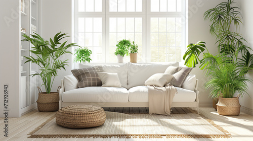 White sofa with plaid and cushions on knitted rug against of grid window between green houseplants. Scandinavian, hygge interior design of modern living room