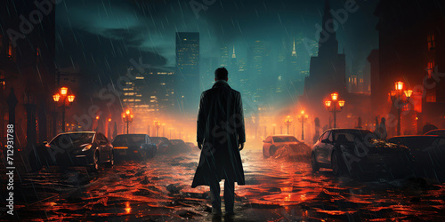 silhouette of back of a maniac detective in a coat on street in the city at night in the rain with fog. Mystical dark poster banner