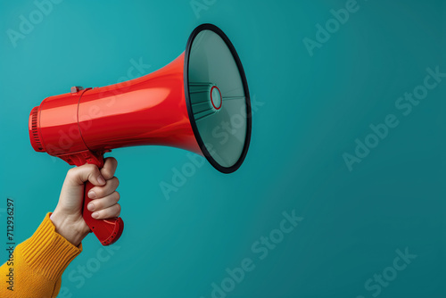 Megaphone in woman hands on a white background. Copy space.