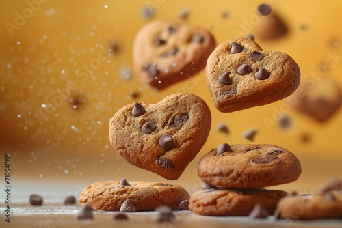 Chocolate Chip Cookies Soaring on a Yellow Canvas