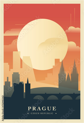 Prague city brutalism poster with abstract skyline, cityscape retro vector illustration. Czech Republic travel front cover, brochure, flyer, leaflet, business presentation template image