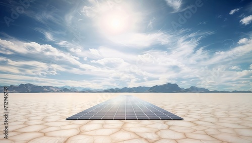 solar energy panels on the ground in arid desert under blue sky