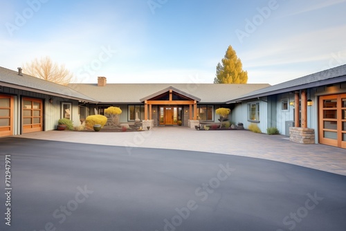ranch entrance with a double garage and a paved driveway