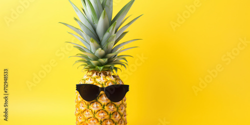 Tropical Fun: Juicy Pineapple on a Beach Style Background with Sunglasses and Fresh Summer Vibes