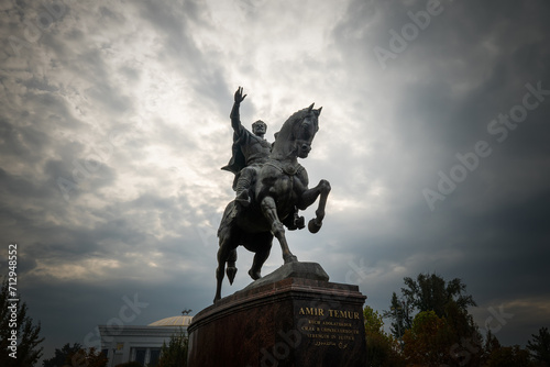 Statue of the legendary Tamerlane Amir Temur on Horseback in Tashkent, Uzbekistan. Dramatic clouds