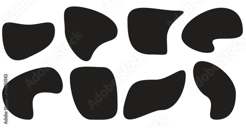 Organic blob shape with irregular form abstract vector illustration. Random oval pebble, asymmetric stone, round amoeba blot. Set of simple graphic geometric stained. Black bubble blotch background