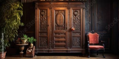 Antique interiors with an eclectic furniture wardrobe, seen from the front.