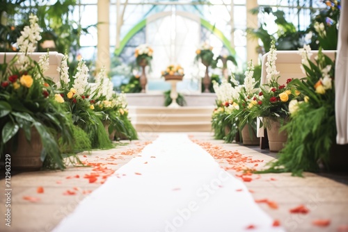 aisle runner leading to an altar with potted plants and petals