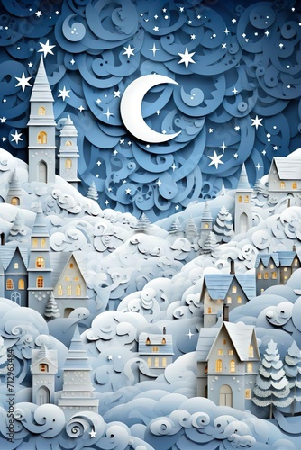 Paper quilling Landscape in Winter, Christmas Scene, Paper Art, für Calendar or Wallpaper