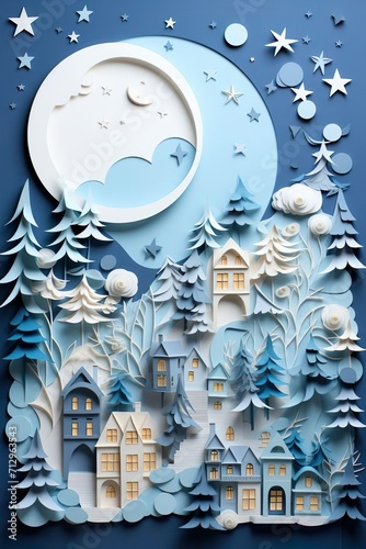 Paper quilling Landscape in Winter, Christmas Scene, Paper Art, für Calendar or Wallpaper